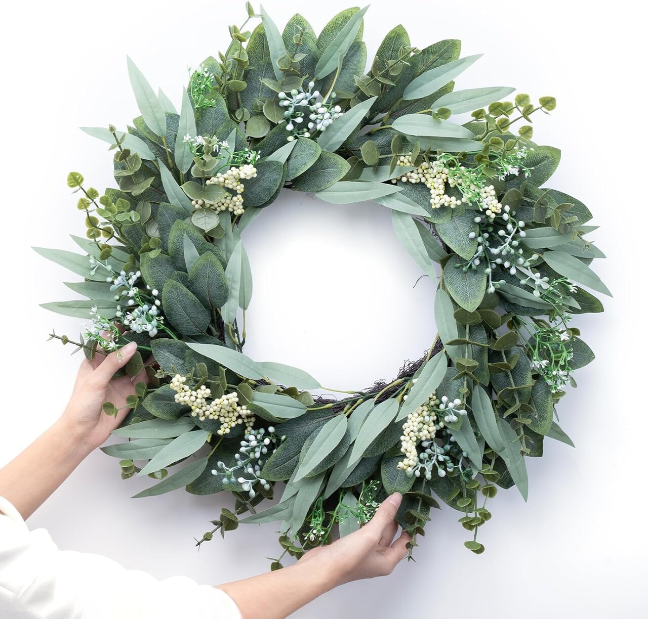 Eucalyptus Wreath 22" Large Artificial Greenery Outdoor/Indoor Wreath Spring/Summer Wreath Green Wreaths for Front Door Porch Window Wall Hanging Decor All Year Round Wreath(Green)